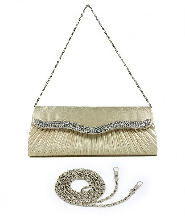 Evening Bag - Pleated Satin w/ Rhinestones Trim Flap &ndash; Champagne &ndash; BG-YL1075CH